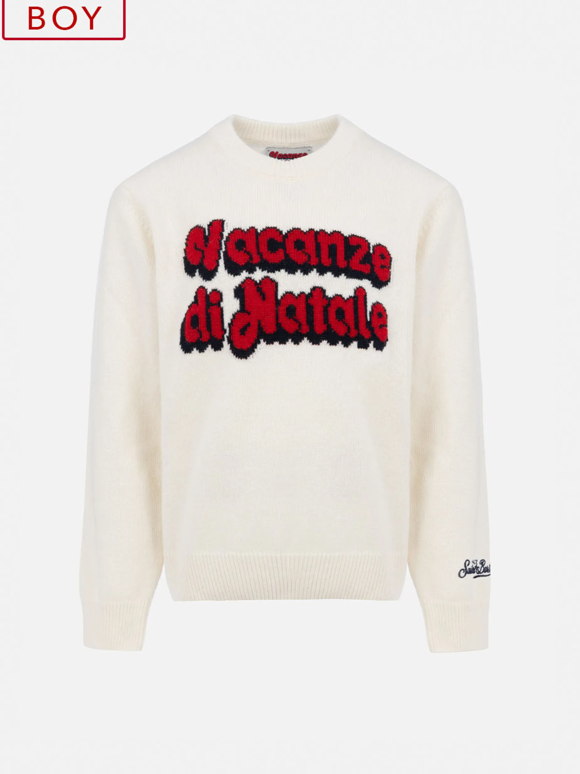 Weißer Jungenpullover Douglas mit Rundhalsausschnitt und Jacquard-Logo aus dem Film „Vacanze di Natale“ | VACANZE DI NATALE SONDERAUSGABE