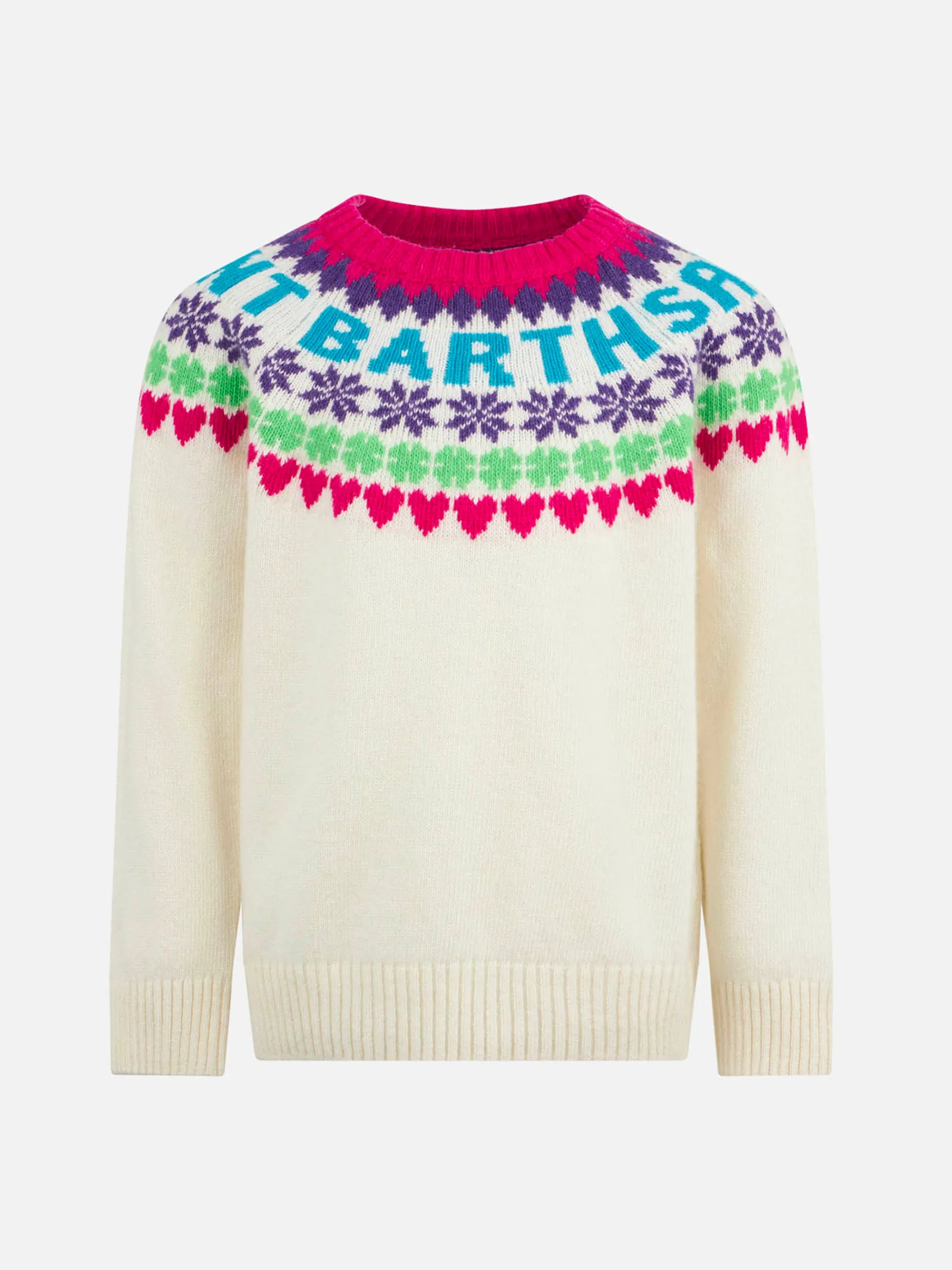 Weißer Mädchenpullover mit Rundhalsausschnitt und Fair-Isle-Herzdruck