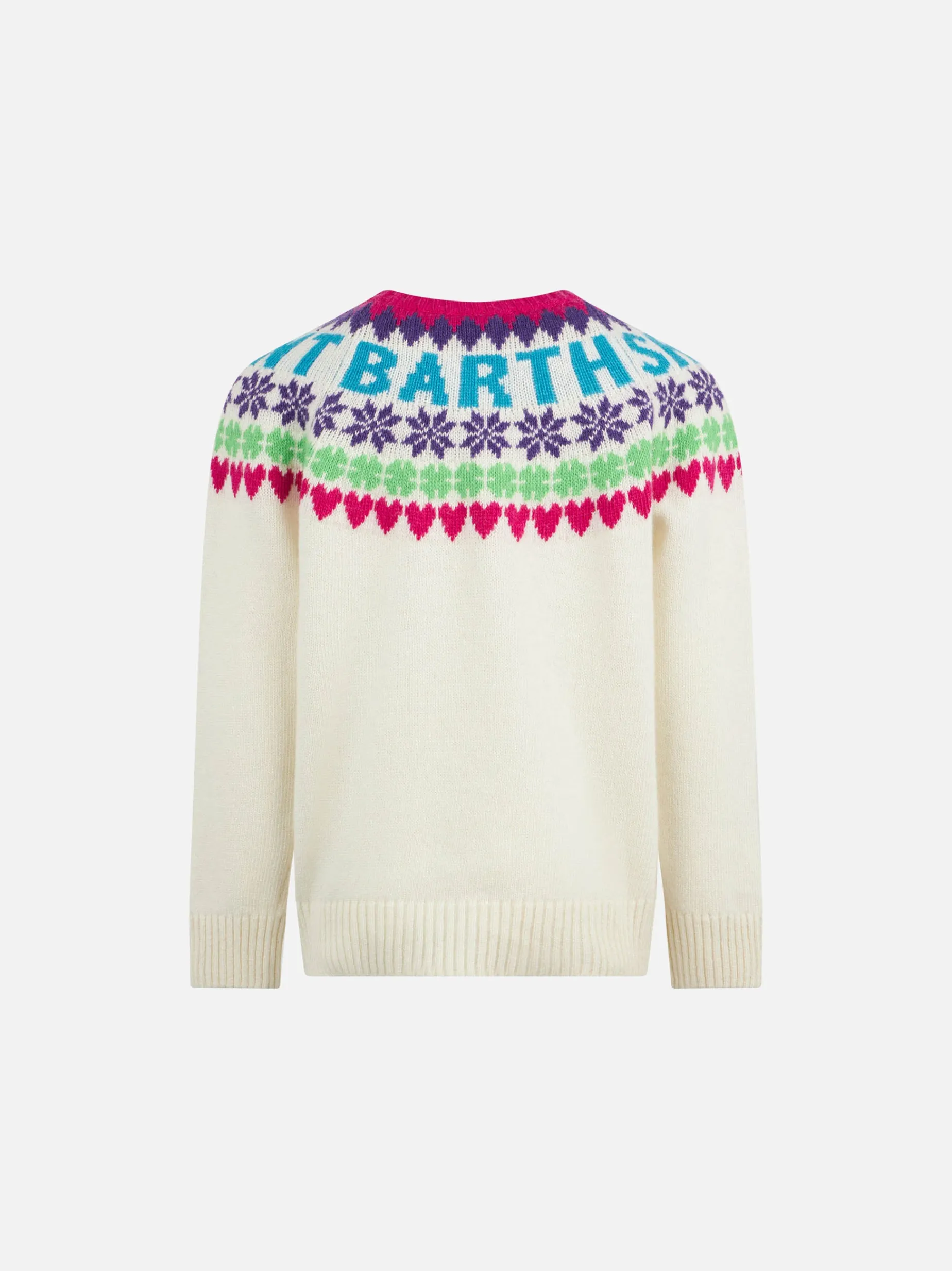 Weißer Mädchenpullover mit Rundhalsausschnitt und Fair-Isle-Herzdruck