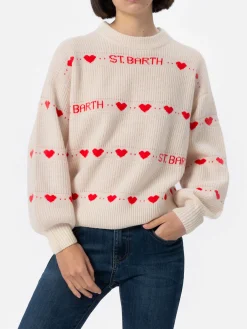 Weißer Rippenpullover Danya für Damen mit Herz-Print