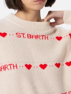 Weißer Rippenpullover Danya für Damen mit Herz-Print