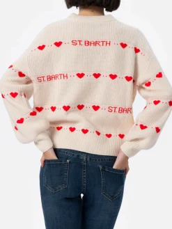Weißer Rippenpullover Danya für Damen mit Herz-Print