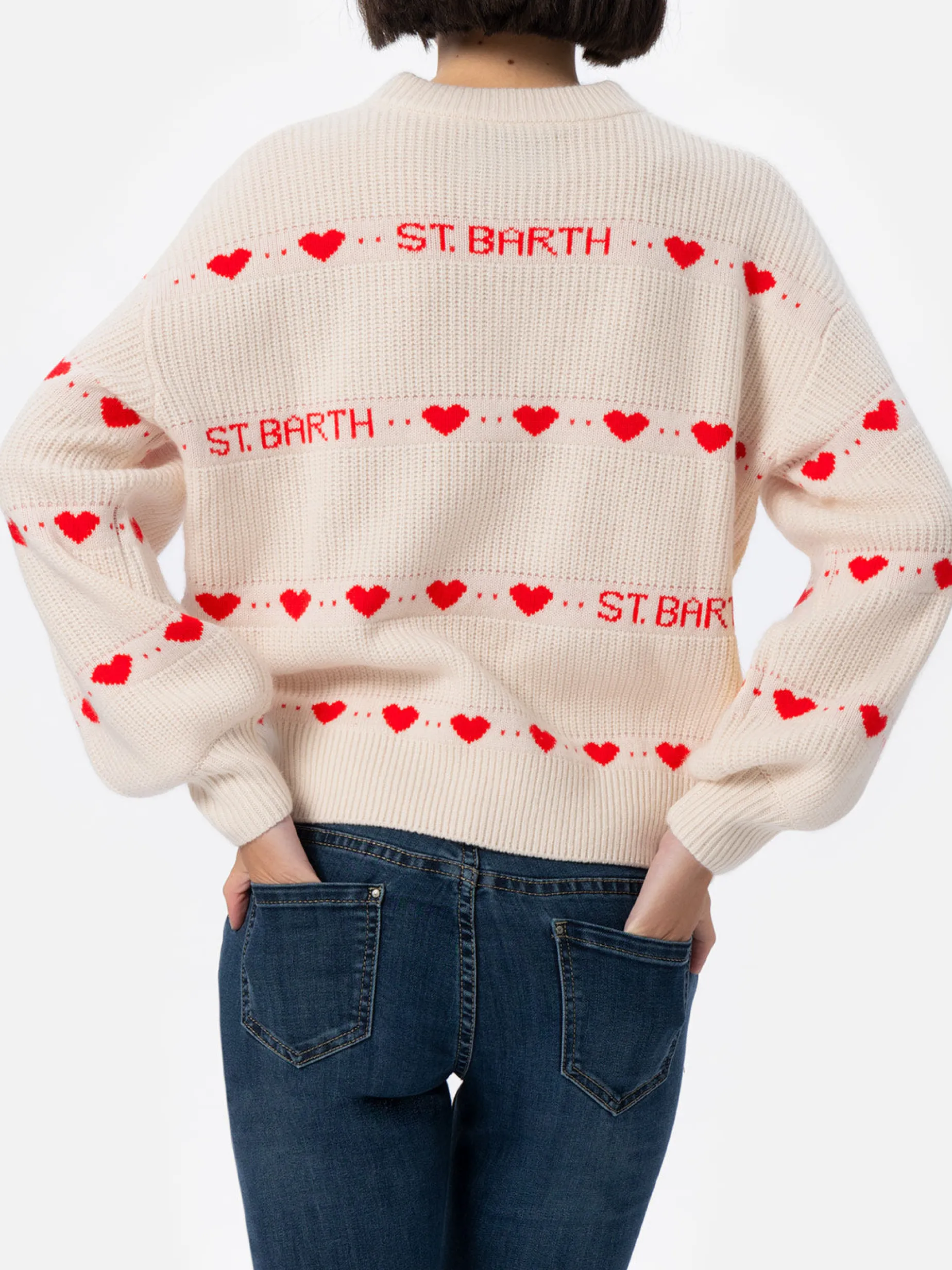Weißer Rippenpullover Danya für Damen mit Herz-Print