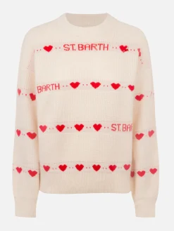 Weißer Rippenpullover Danya für Damen mit Herz-Print