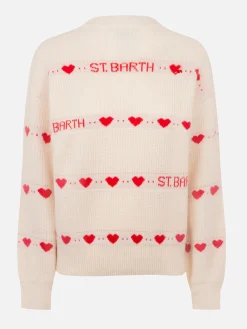 Weißer Rippenpullover Danya für Damen mit Herz-Print