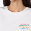 Weißes Damen-T-Shirt Emiilie aus Baumwolljersey mit Rundhalsausschnitt und „Mi piace lui...“-Stickerei