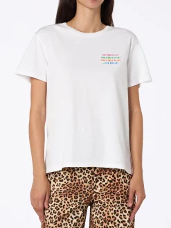 Weißes Damen-T-Shirt Emiilie aus Baumwolljersey mit Rundhalsausschnitt und „Mi piace lui...“-Stickerei