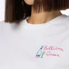 Weißes Damen-T-Shirt Emilie aus Baumwolljersey mit Rundhalsausschnitt und Stickerei „Bollicine Queen“