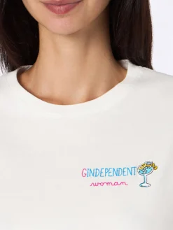 Weißes Damen-T-Shirt Emilie aus schwerer Baumwolle mit Gindependent-Frauenstickerei