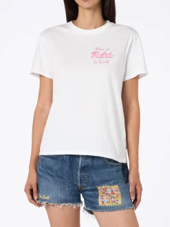 Weißes Rundhals-T-Shirt Emiilie aus Baumwolljersey für Damen mit Stickerei „Relax in St. Barth“ | PINK PANTHER SPECIAL EDITION