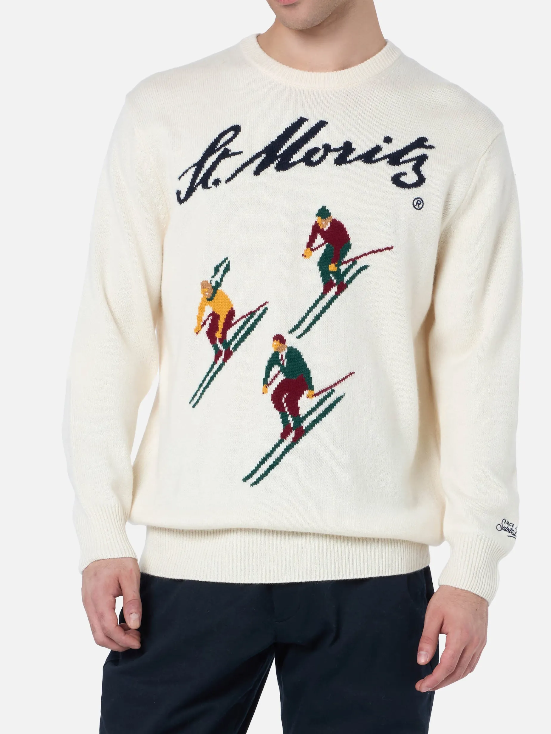 Weisser Herrenpullover Heron mit Jacquard-Print St. Moritz Ski | ST. MORITZ TOP OF THE WORLD SPECIAL EDITION